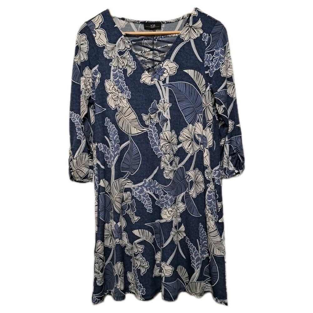 AGB Mini Dress Womens L Blue Gray Tropical Leaf Printed Jersey Swing Pockets